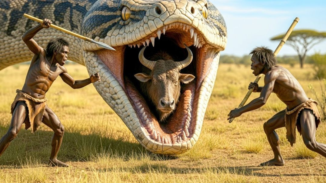 ⁣Life Million Years Ago | Brave Primitive Men Save a Cow Ancestor from a Giant Python Attack