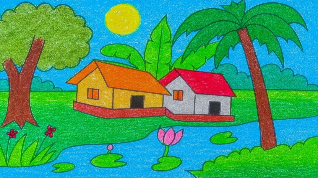 ⁣Beautiful Village Scenery Drawing For Beginners