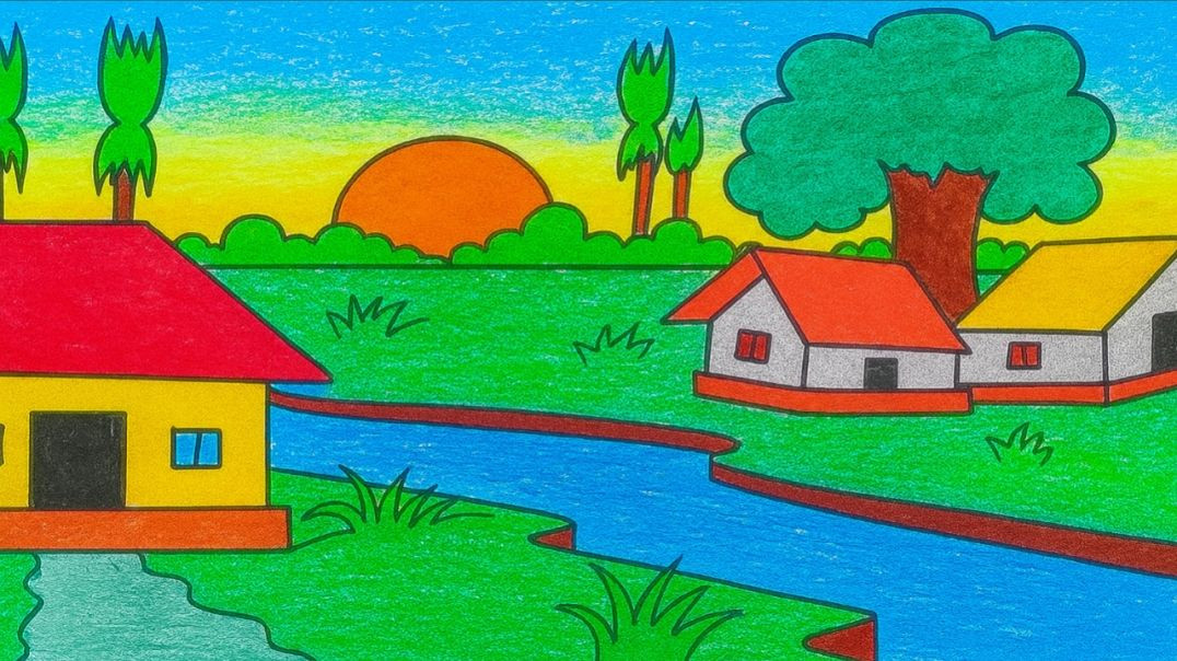 ⁣Beautiful Village Scenery Drawing For Beginners
