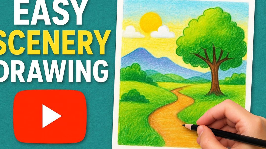 ⁣Beautiful Village Scenery Drawing For Beginners