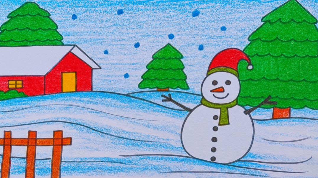 ⁣Beautiful Snowman Winter Scenery Drawing Step by Step | Easy Drawing for Beginners