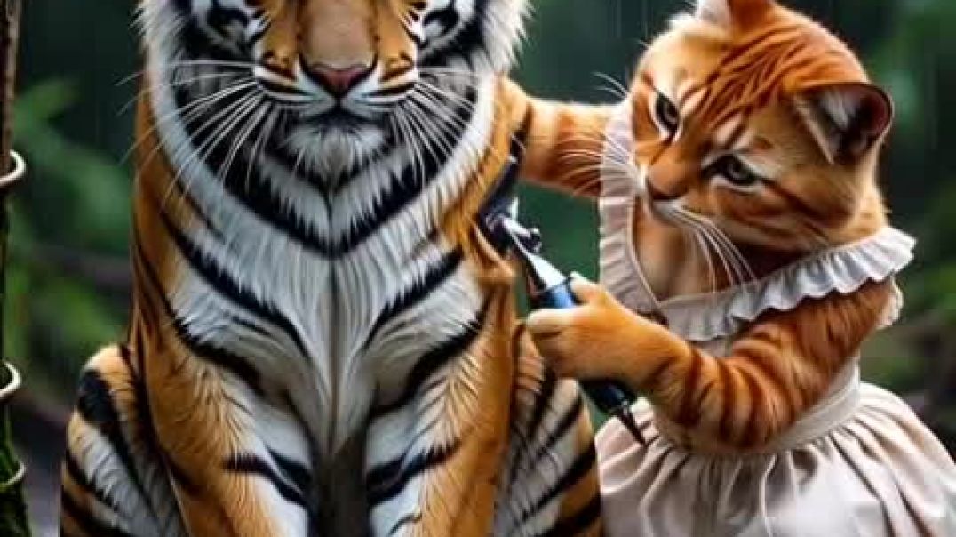 ⁣Mama cat trims fur on the farm