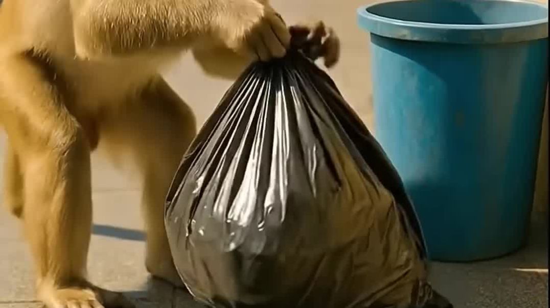 ⁣The smart Monkey cleaned up the trash in the Manhole _monkey _animals _wildliferescue _rescue(1080P_