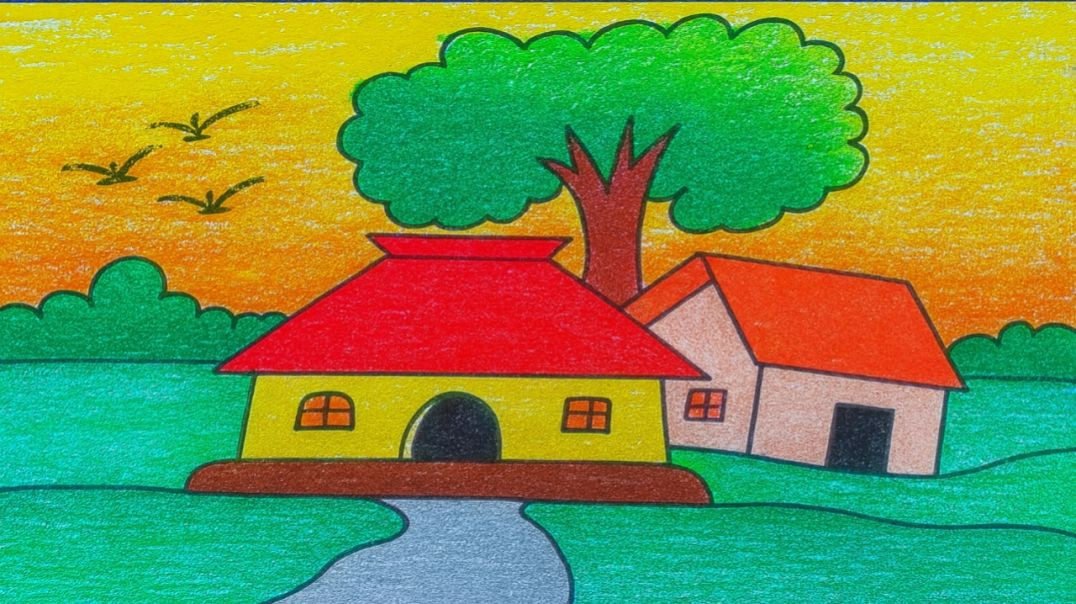 ⁣Beautiful Village Scenery Drawing | Easy Scenery drawing for Beginners & Kids #art #drawing #[
