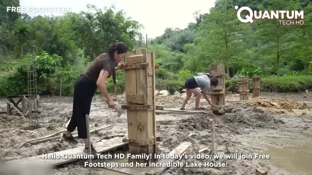 ⁣Talented Woman Builds Modern Lake House with Bridge From Scratch _ _freefootsteps877(720P_HD)