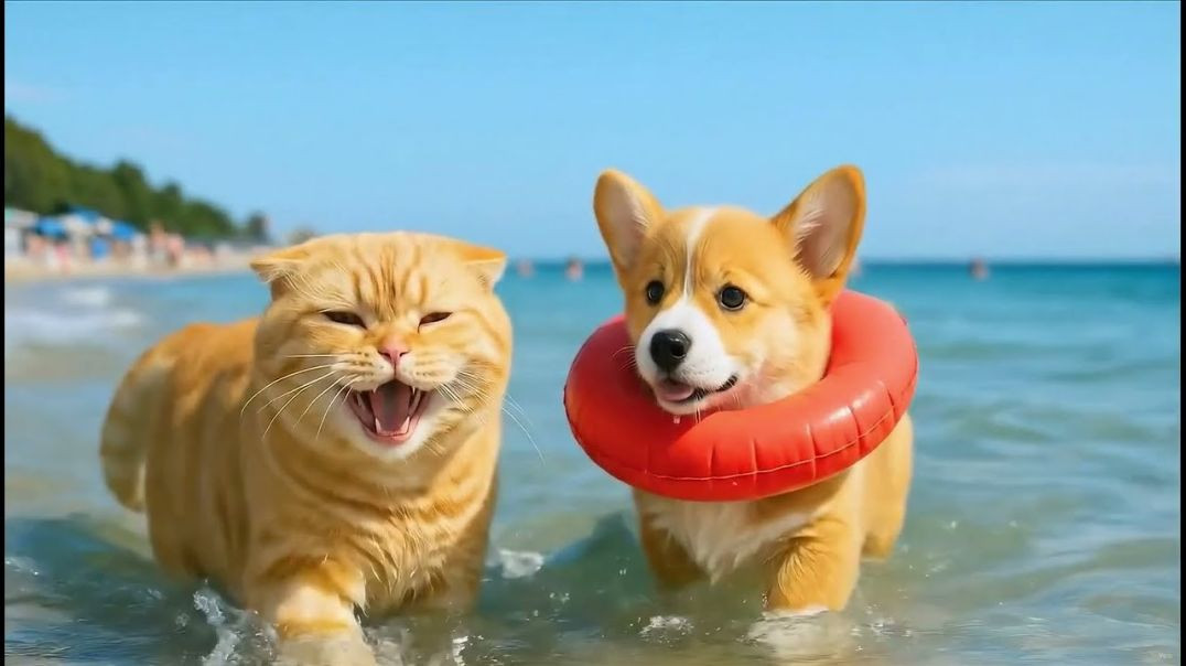 Mom_Cat_Corgi_Puppy_Help_Lost_Tiger_Cub_On_The_Beach_And_Take_Care