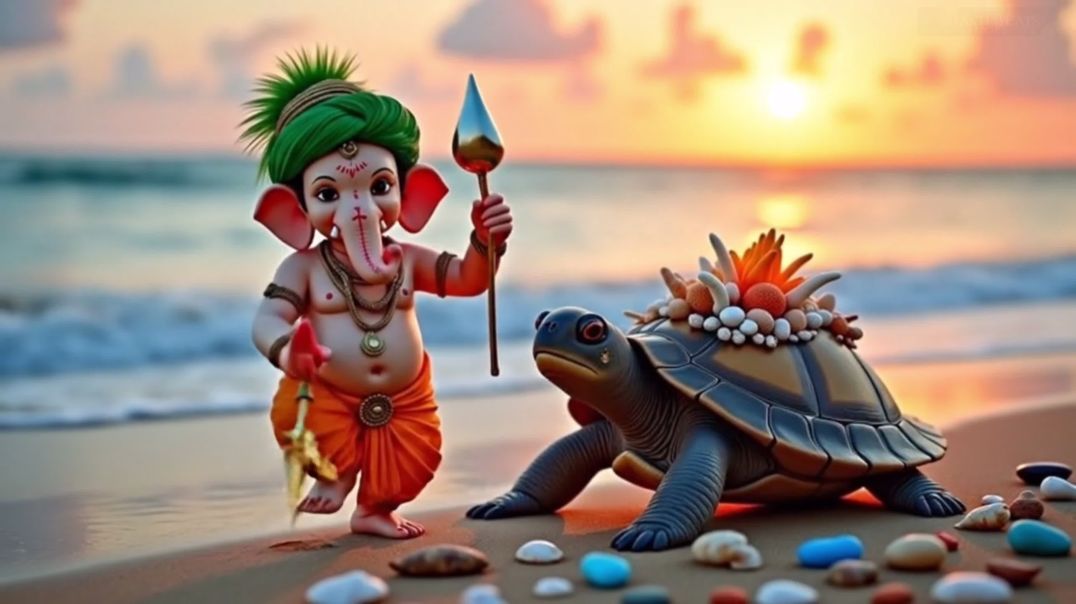 ⁣Bappa with tortoise🥳🎊 Beach side maje😱🔥 #bappa #tortise #beach #ganpati