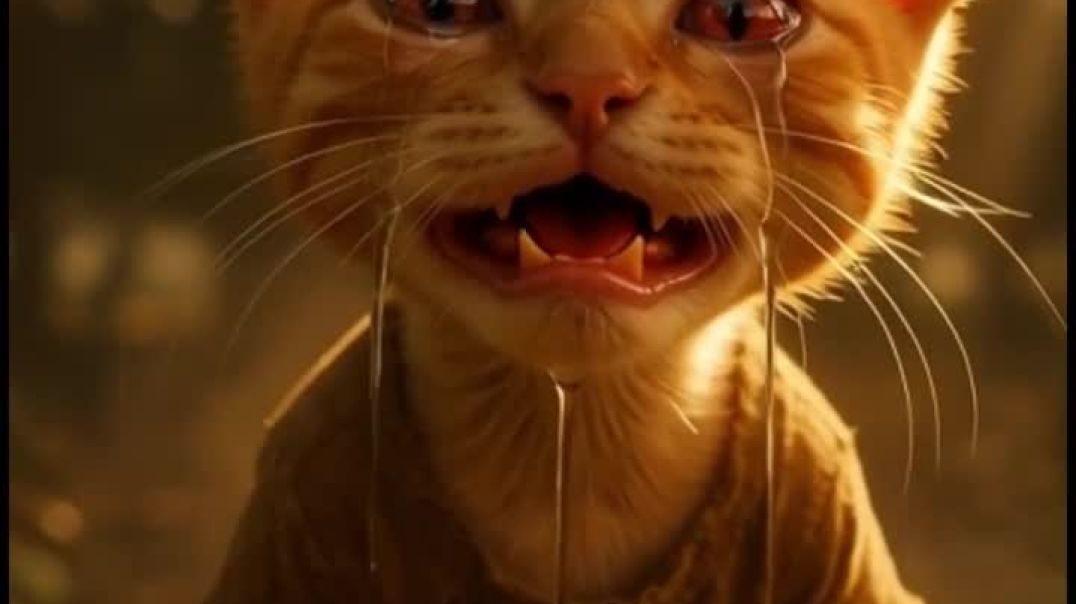 ⁣A poor baby cat work hard for mangoes