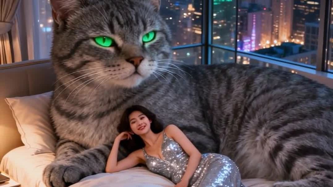 ⁣A cat and a girl are sitting on the bed and fighting.