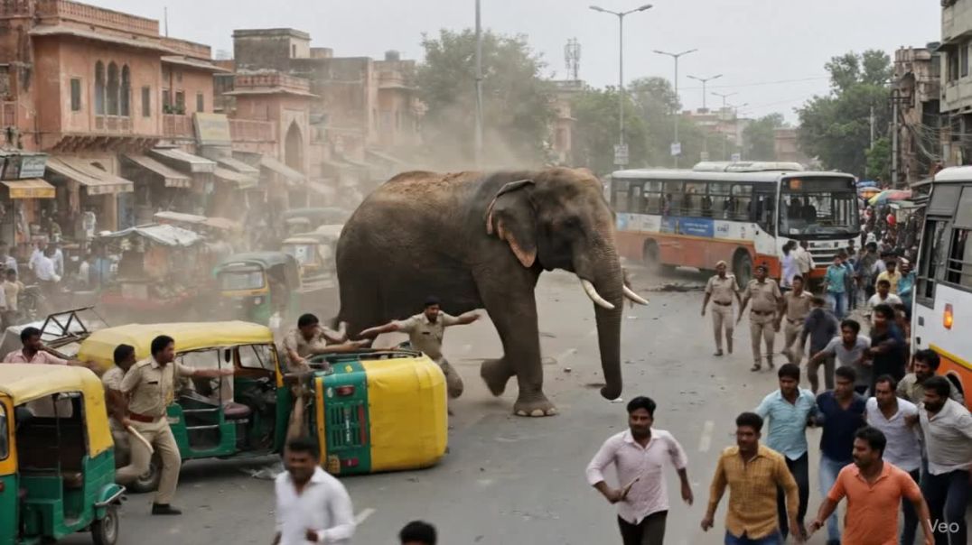 ⁣Elephant attack in indian city
