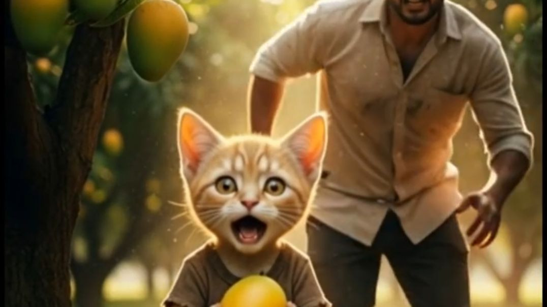 ⁣A poor baby cat worked hard for a Mango 🥭
