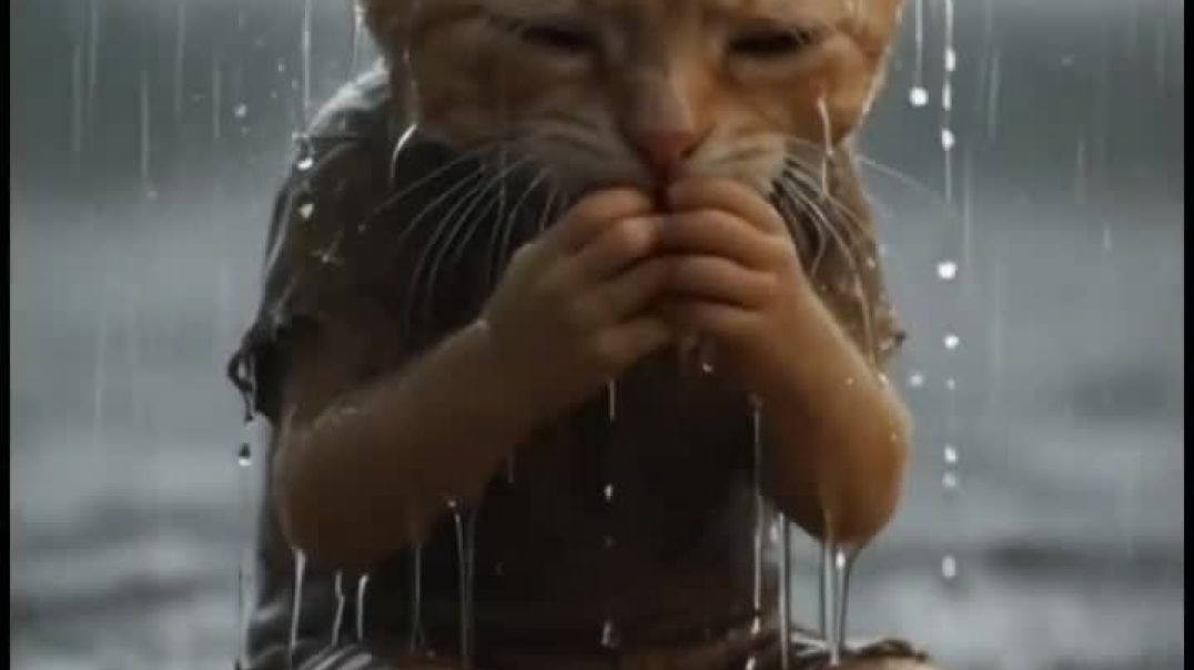 ⁣A poor baby cat worked hard for a raincoat