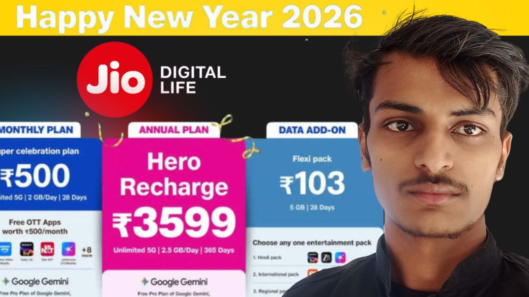 ⁣Jio Happy New Year 2026 Plans 🔥 | One Recharge, Full Year 5G + Data + OTT Benefits
