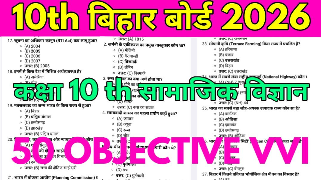 Social science class 10th Vvi objective 2026