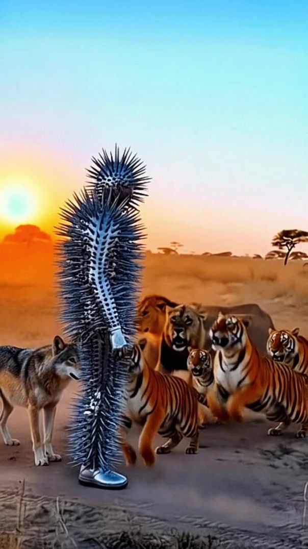 जब कांटों वाला इंसान शेरों और टाइगर से भिड़ गया | Epic Survival Fight #lion #fighting #shorts