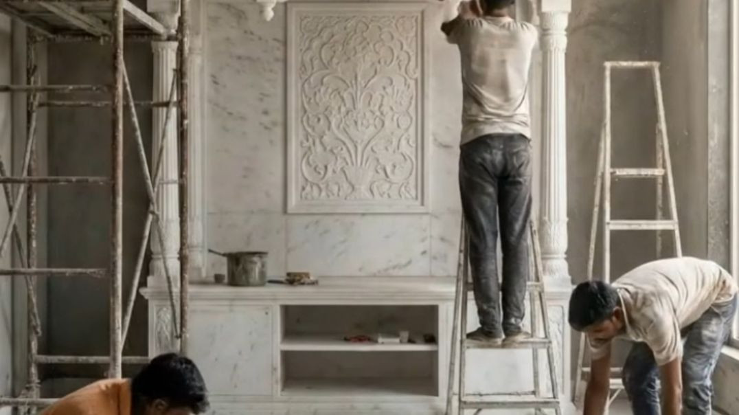 ⁣Luxury Pooja Room Transformation | Empty Space to Divine Temple | Cinematic Renovation | office #tre