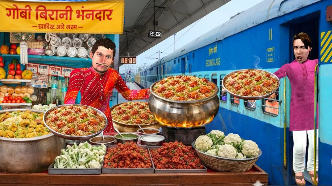 ⁣Railway Station Mein Gobi Biryani Wala | Tasty Street Food Gobi Rice in Train Comedy Hindi Kahaniya