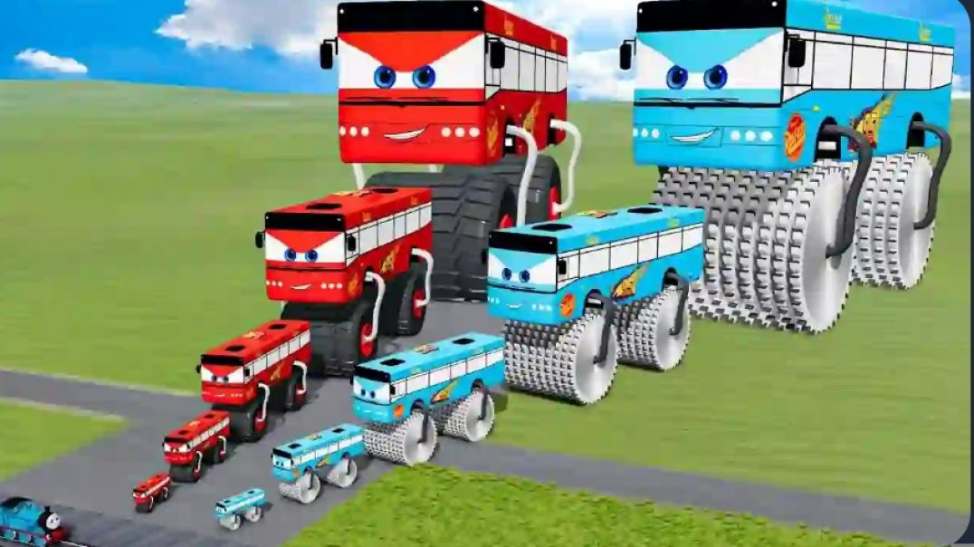 Big and Small Bus Colors, Lightning McQueen, Double Monster Saw Wheel Battle in English.