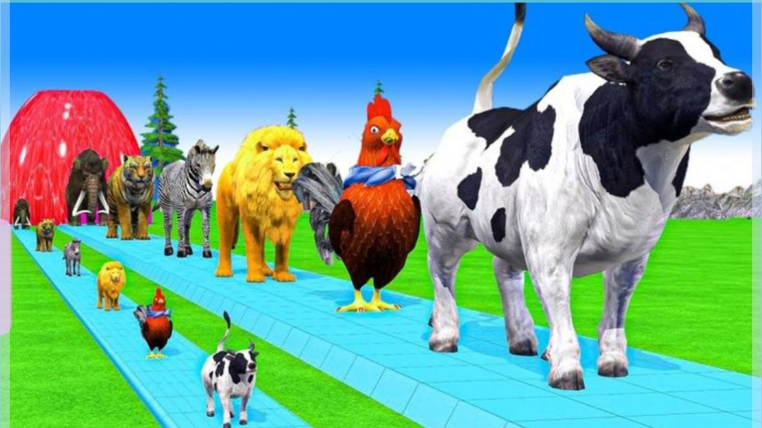Paint___Animals_Cow,Gorilla,Elephant,Lion,Giraffe,Chicken,_Fountain_Crossing_Transformation_Cartoon(