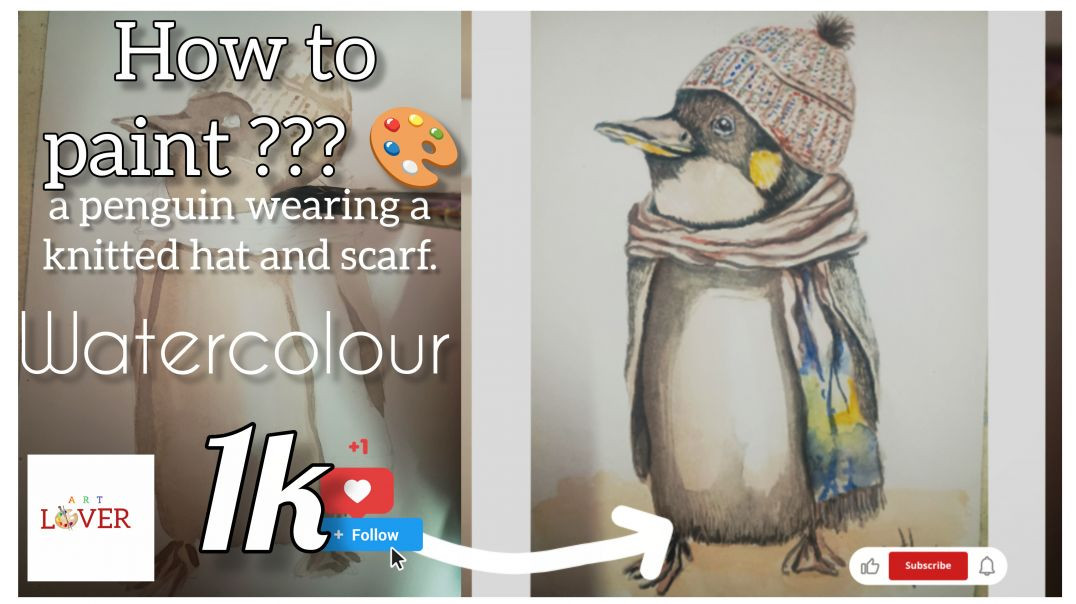 ⁣How to paint?? A penguin wearing a knitted and scarf ll Watercolour easy ways