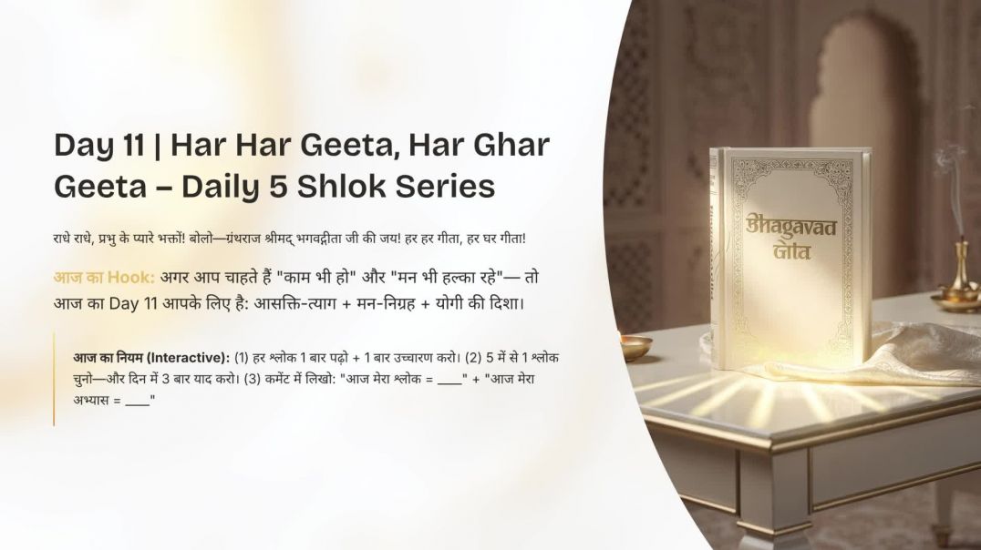 ⁣Har Har Geeta, Har Ghar Geeta | Daily 5 Shlok Series Day 11 | आसक्ति-त्याग 18.6 | योगी बनो 6.46 #[49