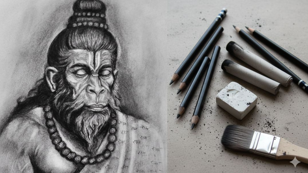 ⁣Charcoal Hanuman Ji portrait#art#drawing