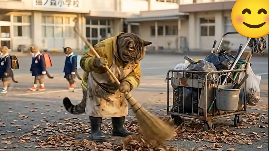 ⁣A poor cat who works as a cleaner in a school