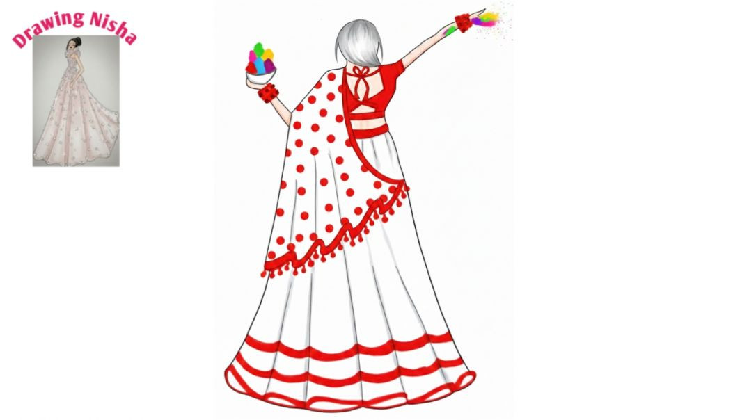⁣Easy Holi darling Girl in Lehenga with Gulal Drawing