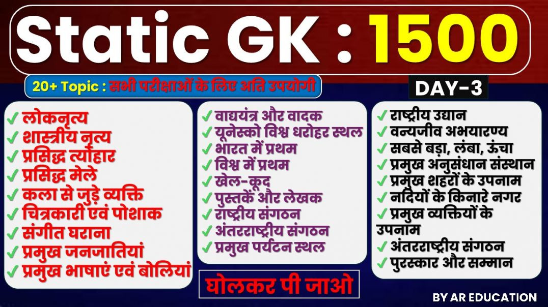 ⁣Static GK Top 1500 Questions in Hindi | Static GK Marathon | SSC, Railway, Bank, Police & All Ex