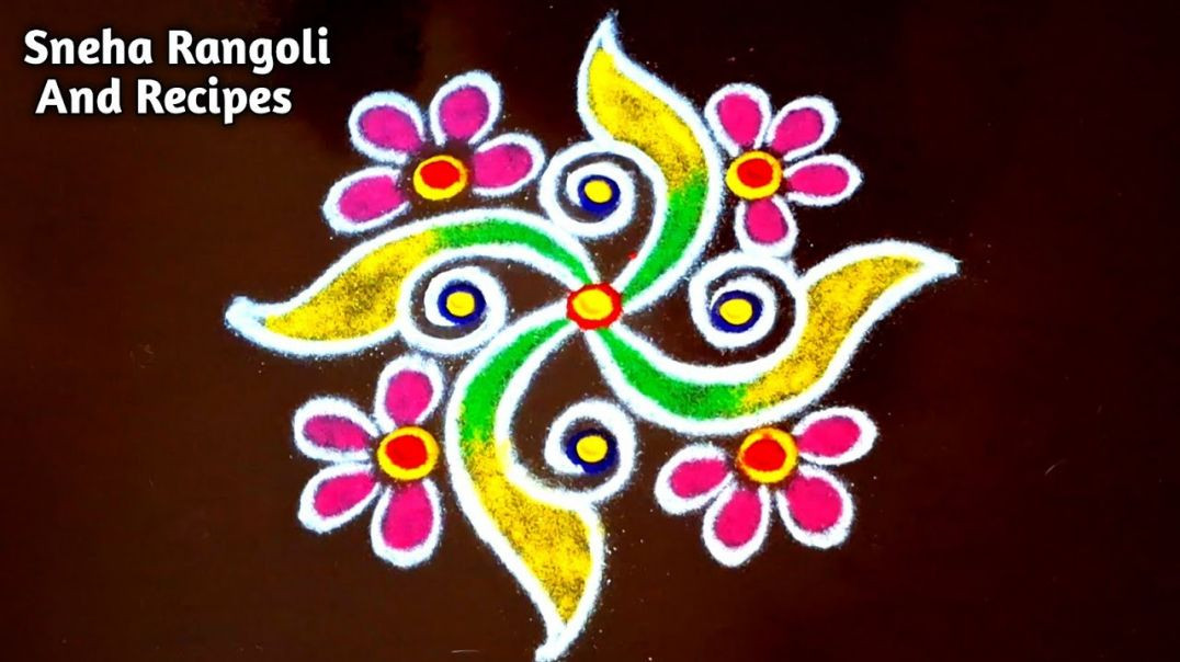 ⁣🌼 Beautiful Spiral Flower Rangoli 🌸 | Easy & Colorful Kolam Design for Home 🏡 | Step by Step Tut