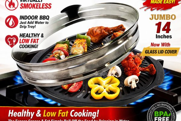 GAS O GRILL GAS GRILL Regd.TM with GLASS LID JUMBO FULL ALUMINIUM CAST STOVE TOP GRILL BY STEEMO BBQ BARBEQUE 14 INCHES BLACK FULL NON STICK COATED