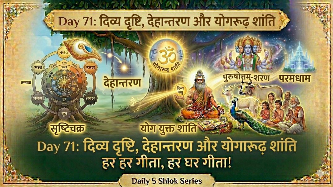 ⁣Day 71: दिव्य दृष्टि, देहान्तरण और योगारूढ़ शांति | हर हर गीता, हर घर गीता! Daily 5 Shlok Series