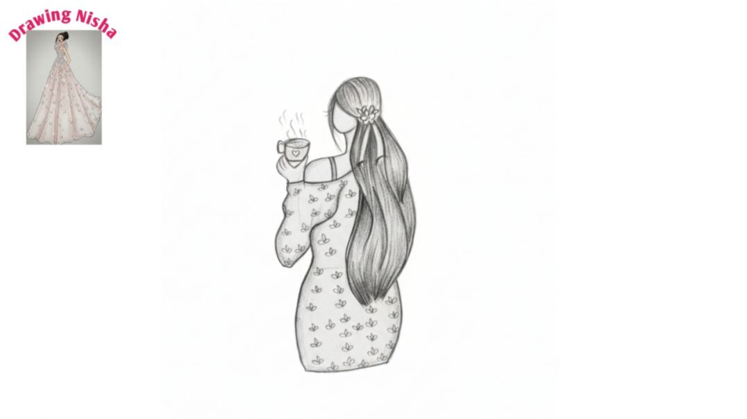 ⁣How to draw Cute girl holding coffee cup drawing