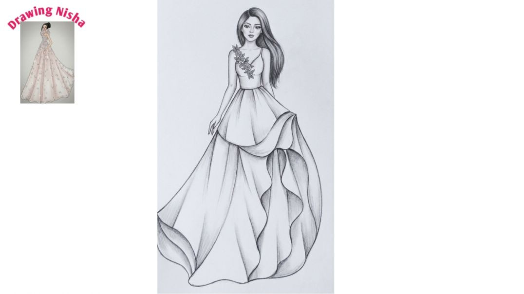 ⁣How to draw a Floral V Neck Gown