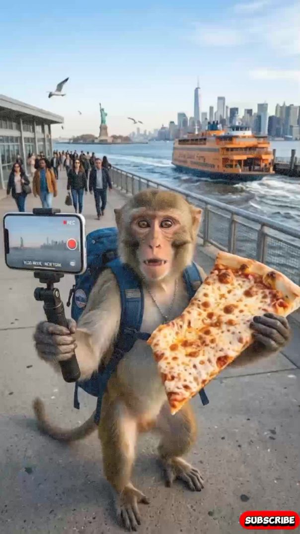 Monkey Eats Giant New York Pizza 🍕🐵 | NYC Street Food Vlog | Viral Shorts#monkeyvlog