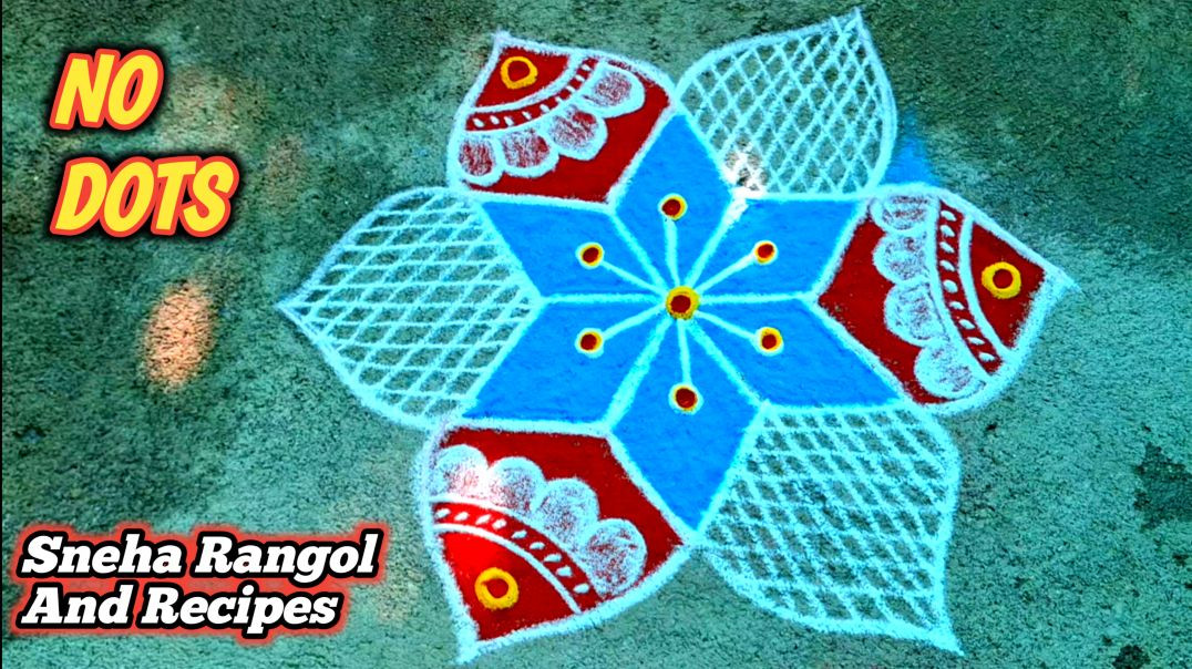 ⁣Easy No Dots Rangoli Design 🎨 Blue & Red Freehand Muggulu for Beginners