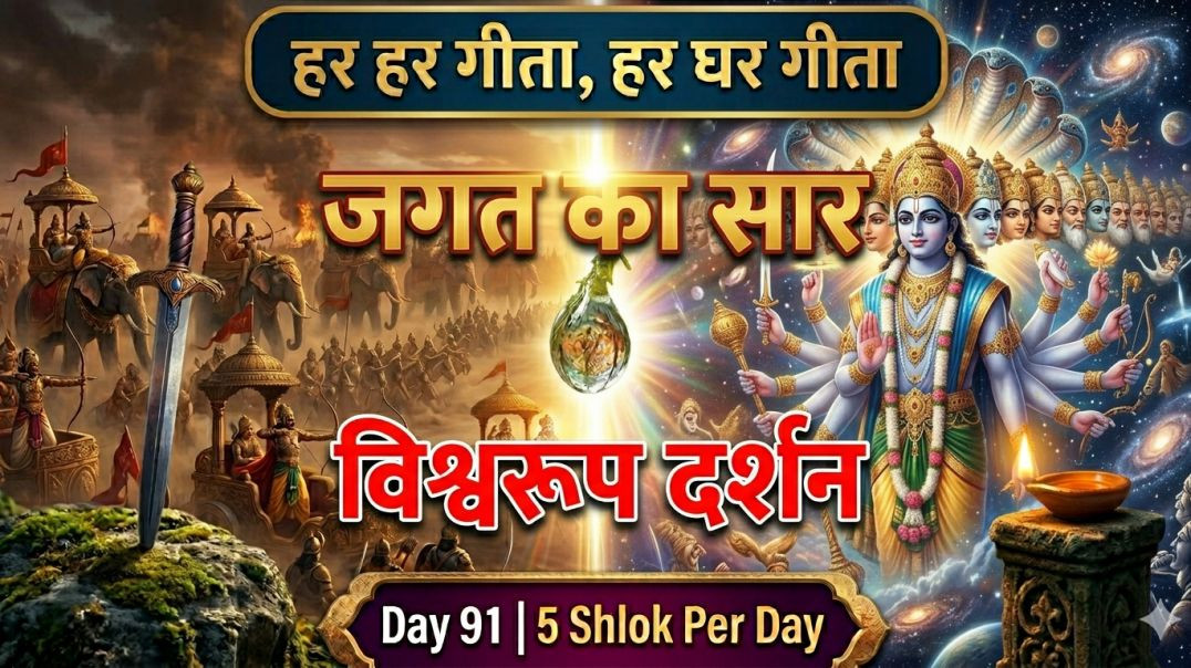 ⁣Day 91 | 5 Shlok Per Day | महारथियों का परिचय, विभूति-विस्तार, विराट दर्शन | हर हर गीता, हर घर गीता 