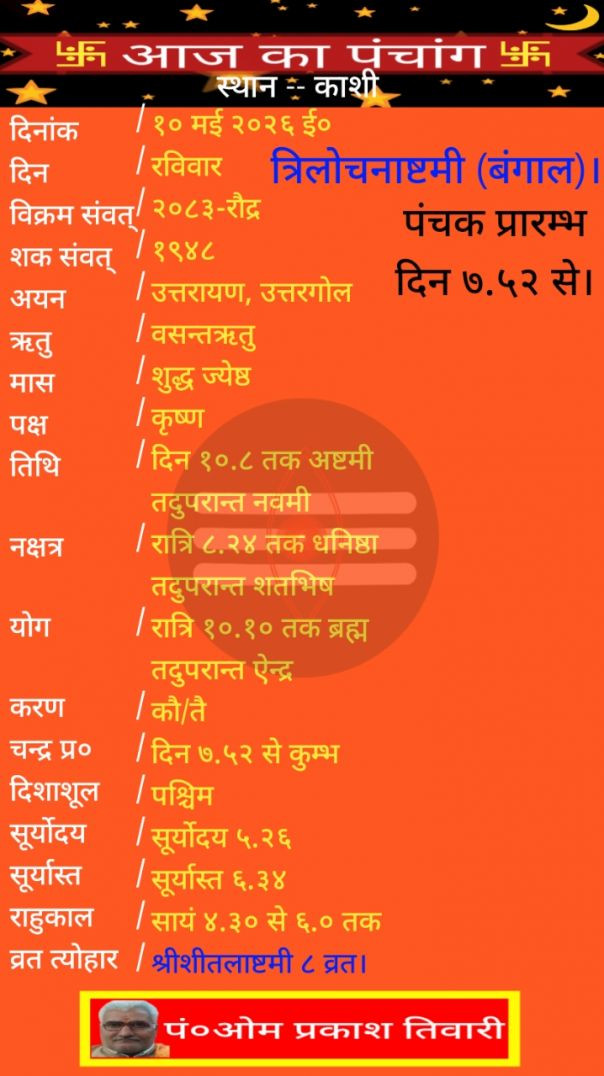 आज का पंचांग,काशी पंचांग,दिनांक_ 10_मई_2026,शुभ मुहूर्त,तिथि,वार, #नक्षत्र #व्रत #⁣रविवार #[1069