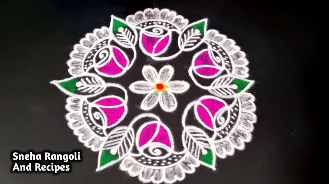 Beautiful 6 Rose Flower Rangoli with Dots 🌸 | Simple Chukkala Muggulu Design ✨