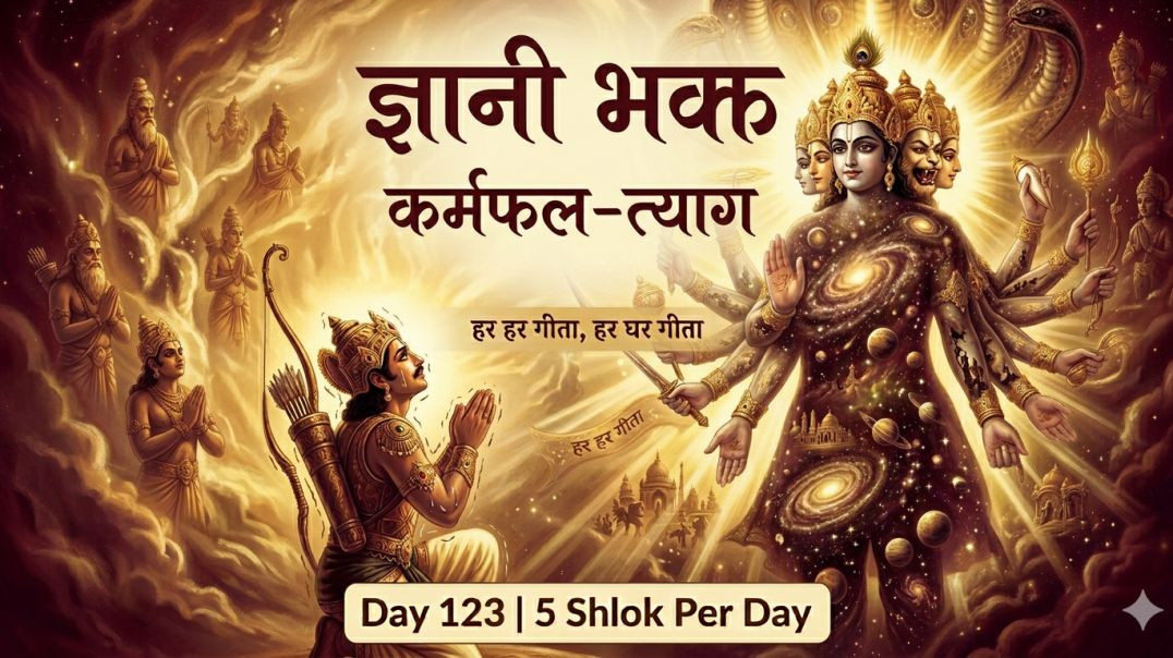 ⁣Day 123 | 5 Shlok Per Day | कर्मफल-त्याग, ज्ञानी-भक्ति, वर्ण-व्यवस्था और भयभीत अर्जुन