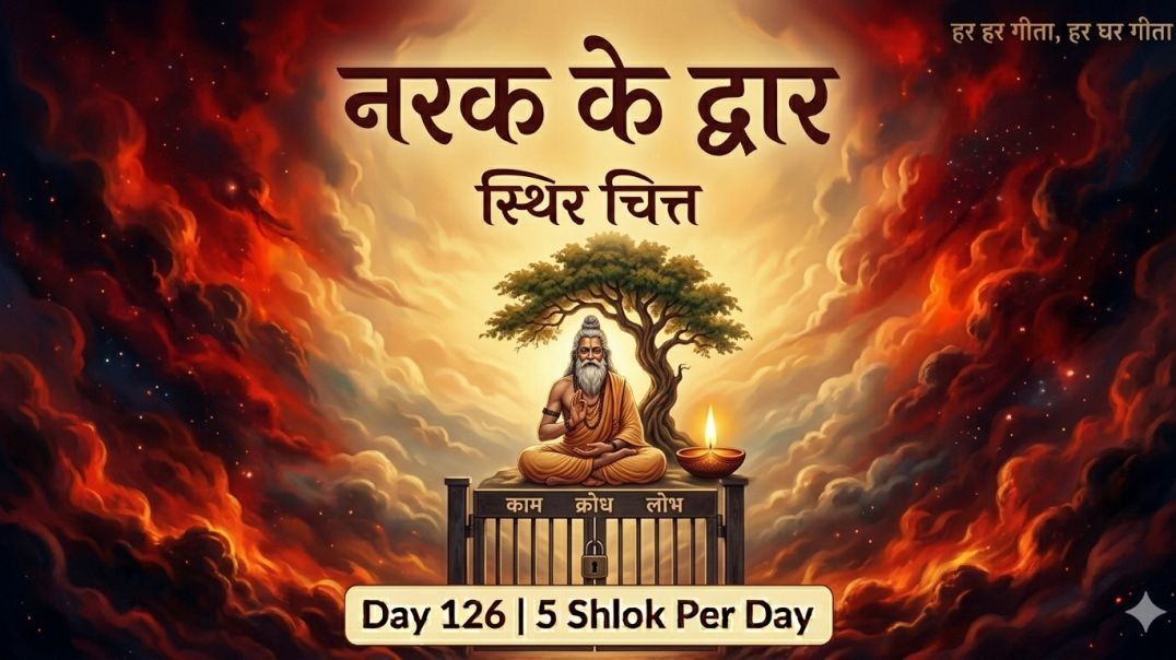 ⁣Day 126 | 5 Shlok Per Day | नरक-द्वार, अचल योगी, तामस भोजन और श्रीहरि का अद्भुत रूप