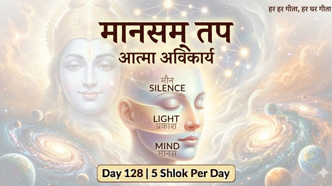 ⁣Day 128 | 5 Shlok Per Day | मानसम् तप, सत्त्ववृद्धि, विभूति, आत्मतत्त्व और अर्जुन का करुण प्रश्न