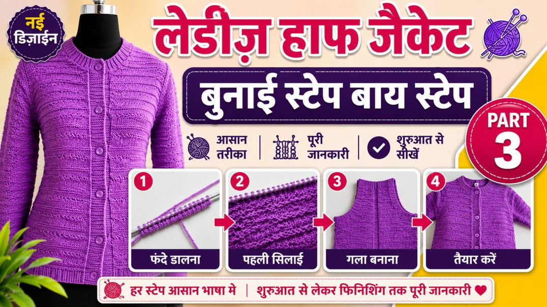 ⁣Part3/Ladies koti Knitting step by step,left and right side part,in hindi