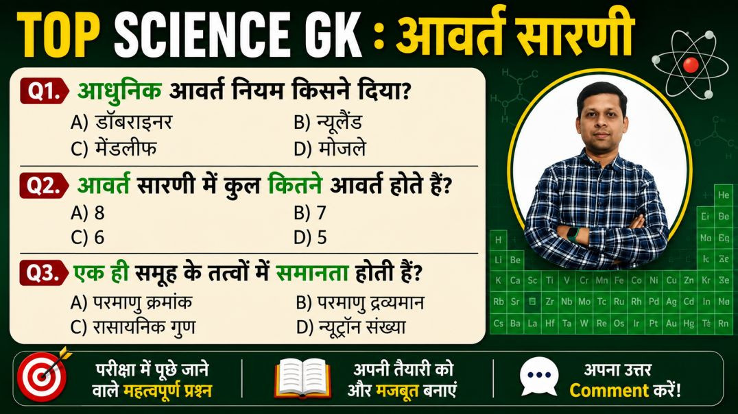 ⁣आवर्त सारणी Practice Set | प्रतियोगी परीक्षाओं के महत्वपूर्ण प्रश्न