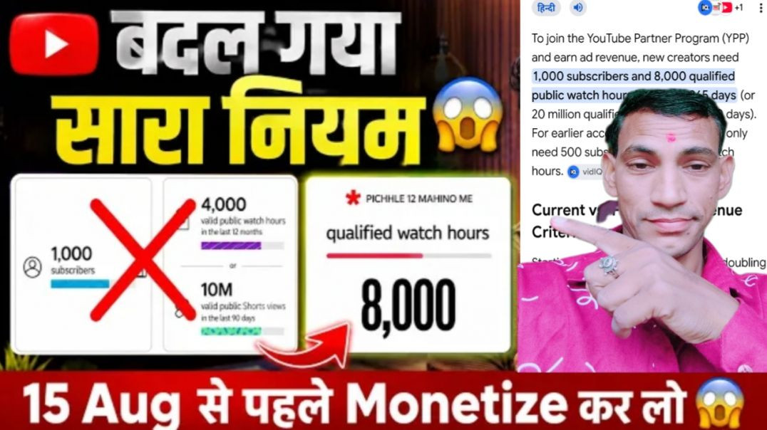⁣बदल गए सारे नियम😭 New WatchTime Criteria 8000 Hrs✅ & 20M Views😱 | YouTube New Update